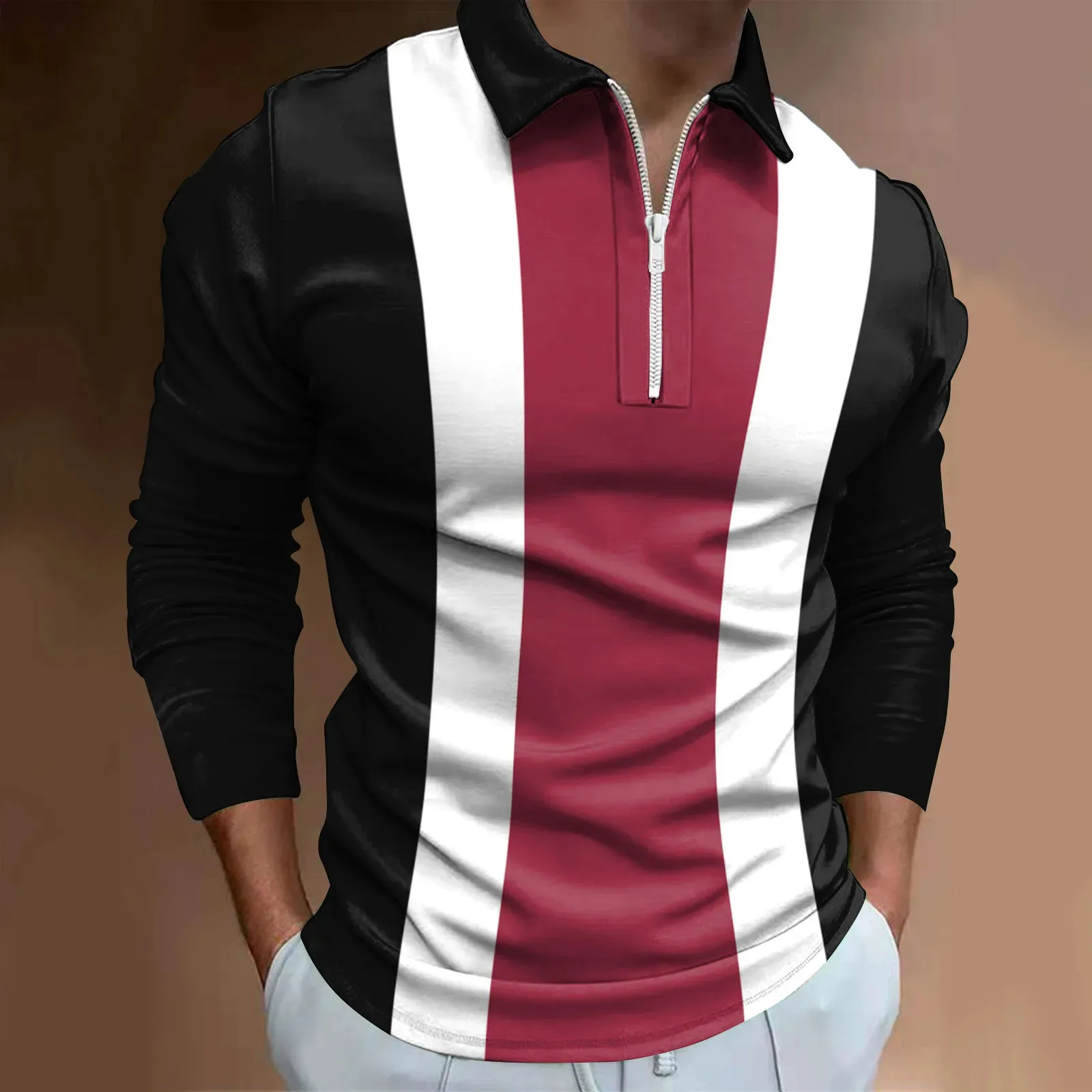 Mens Long Sleeve Polo Shirt: Stylish Patchwork T-Shirt with