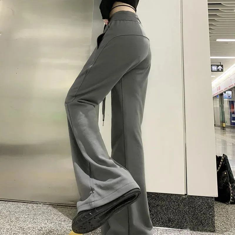 Vintage Jogger Pants Womens Gray Wide Leg Flared Sweatpants, High