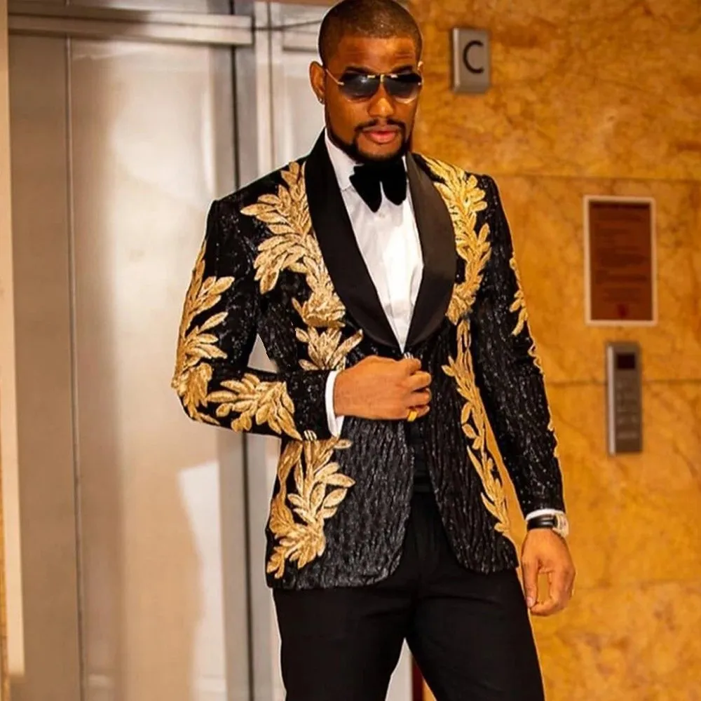 slim fit dress slacks Gold Suit For Prom - Gold Blazer + Matching Pants + Men's Black and Rose  Gold Tuxedo with Textured Floral Design- Wedding - Prom main image 0