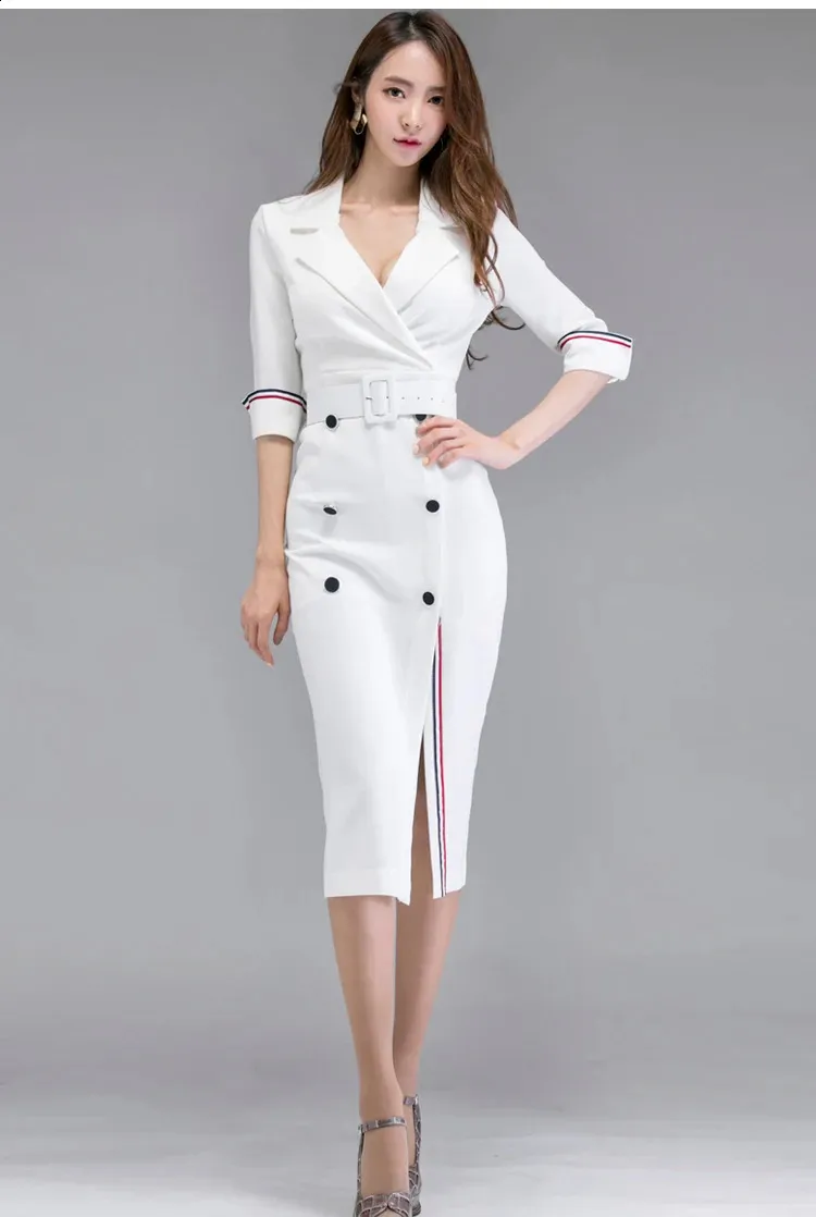 white business dress Zapaka Women Black Work Pencil Midi Peak Lapel Dress with Sleeves, / US26W Package Contents Chic White Midi Dress -