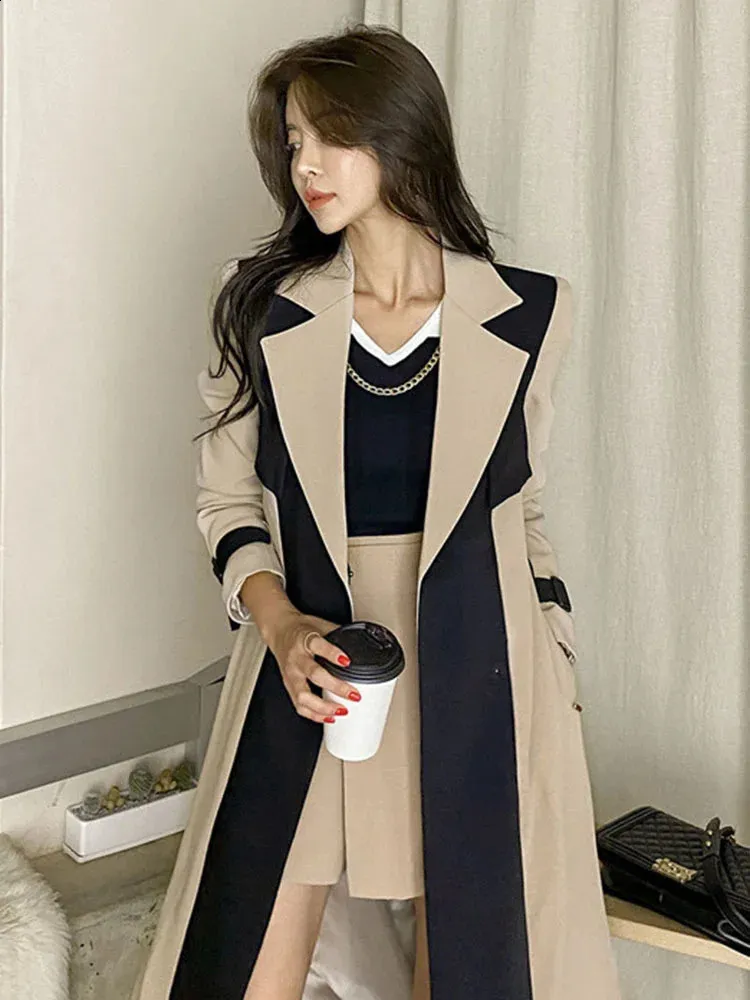 Color Block Lace Up Trench Coat for Women Slim Fit Acetate