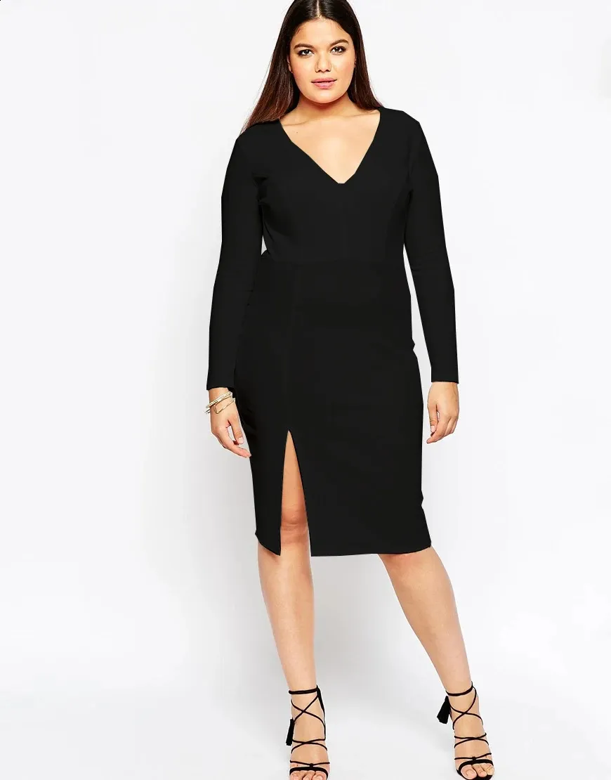 Elegant Plus Size Black Sheath party dress with Long Sleeves, Slit, V-neck, and Knit - Perfect for Spring and Autumn Office Pencil Events - Available Elegant Plus Size Black Sheath party dress with Long Sleeves, Slit, V-neck, and Knit - Perfect for Spring and Autumn Office Pencil Events - Available
