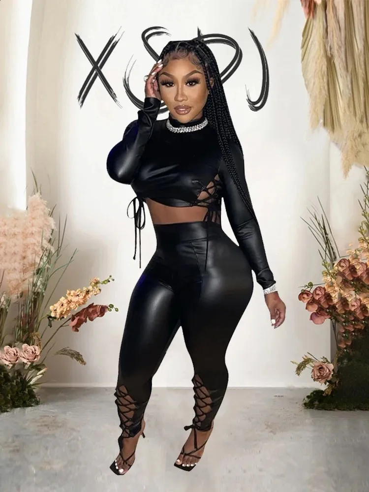 Sets For Women Sexy Night Club Clothes Tight Top And Black Leather