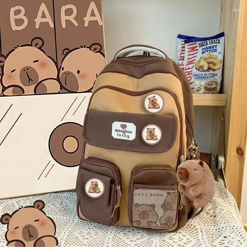 Kawaii Capybara School Backpack Large Capacity, Trendy Brown