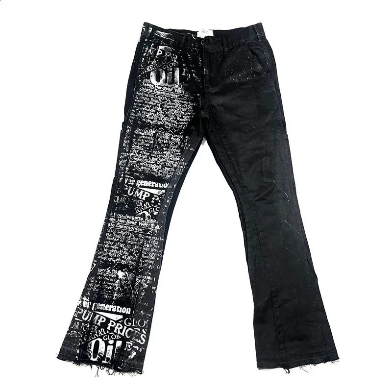 Mens Black Jeans Full Printed Brushing Wax Coating Horn