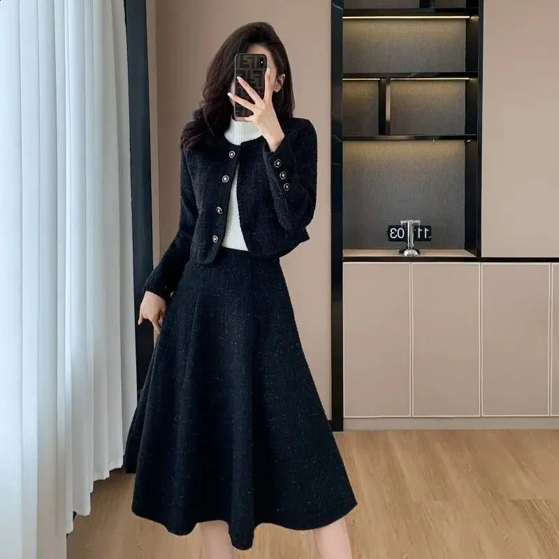 Tweed Two-Piece Set: Short Jacket & A-Line Skirt - Korean