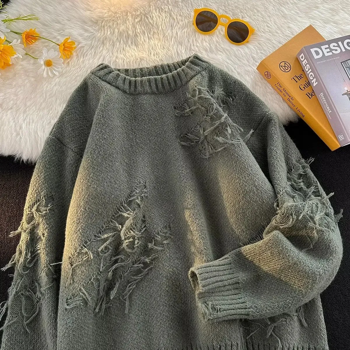 Destroyed Sweater Pullover Men Loose Fit Acrylic Knitwear Long