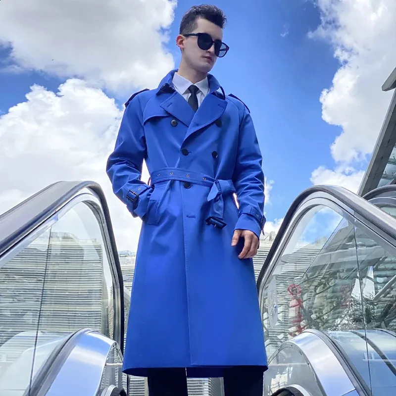 Blue Acetate Double Breasted Trench Coat For Men – From
