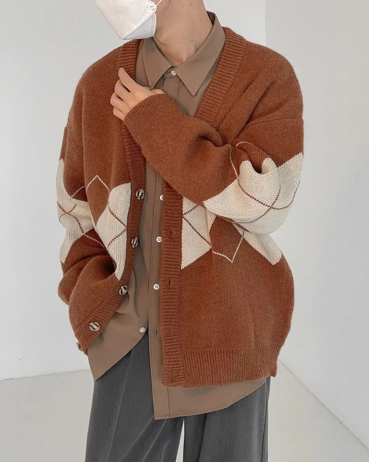 トップス vintage brown faded cardigan Retro Brown Knit Cardigan for Men - Y2K Style Sweater, Shop