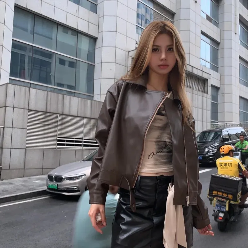 French Retro Motorcycle Leather Jacket Women Cool Solid Lapel
