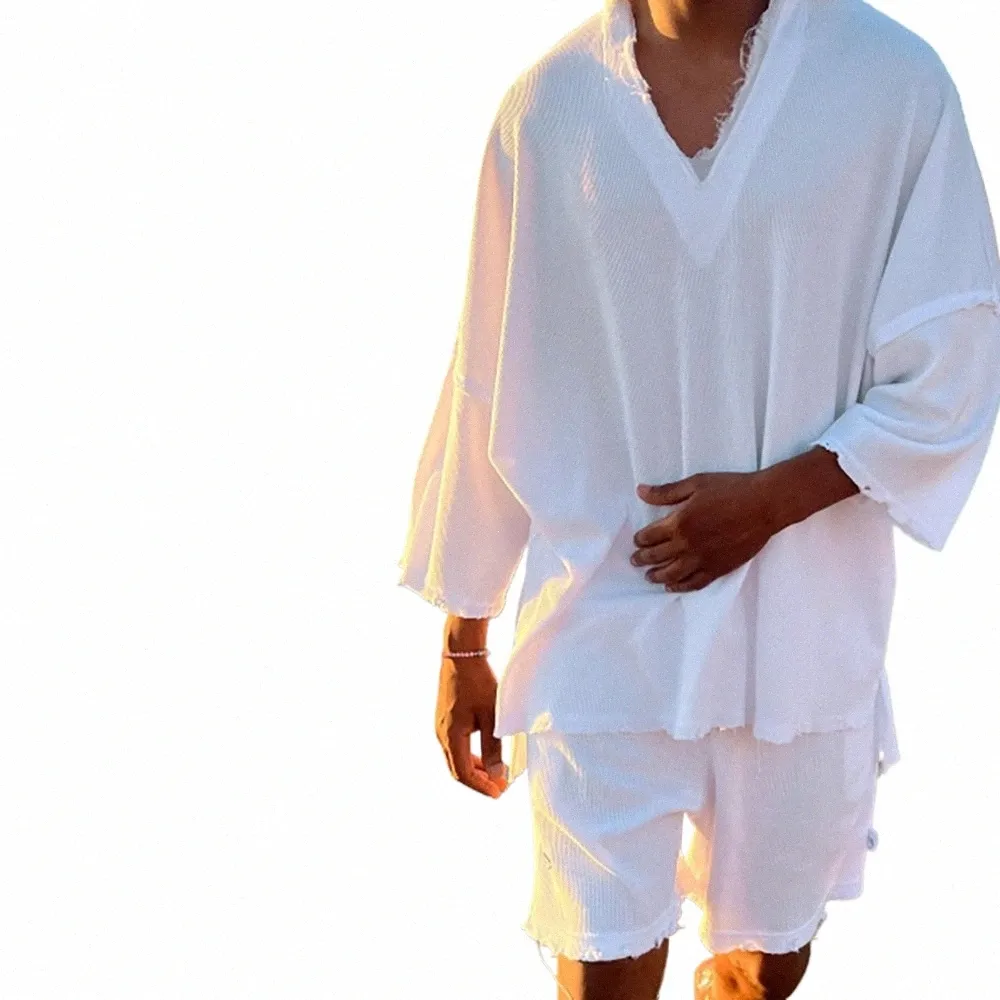 2024 Spring/Summer Mens Linen Hooded Mens White Linen Shirt 3/4 