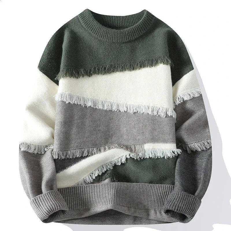 Men's Vintage Cable Knit Patchwork Jumper – Chunky Color Block Sweater, Loose Fit, Crew Neck, Thermal Long Sleeve Pullover