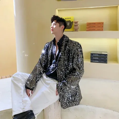 Shining Nightclub Top & Coat Set: Mens Trendy Long Sleeve