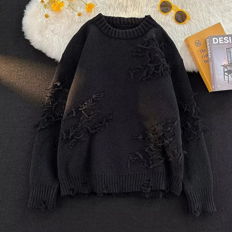 トップス stein destroyed long sleeve knit sweater Destroyed Sweater Pullover Men Loose Fit Acrylic Knitwear Long