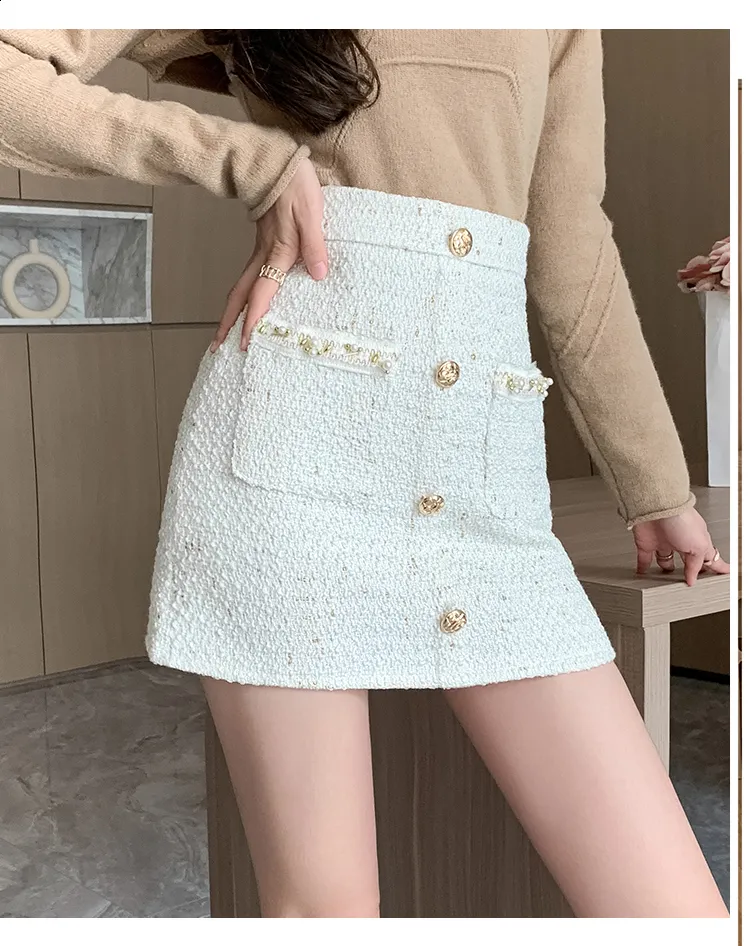 Harajuku Style Woolen Tweed Mini mini skirt with Golden