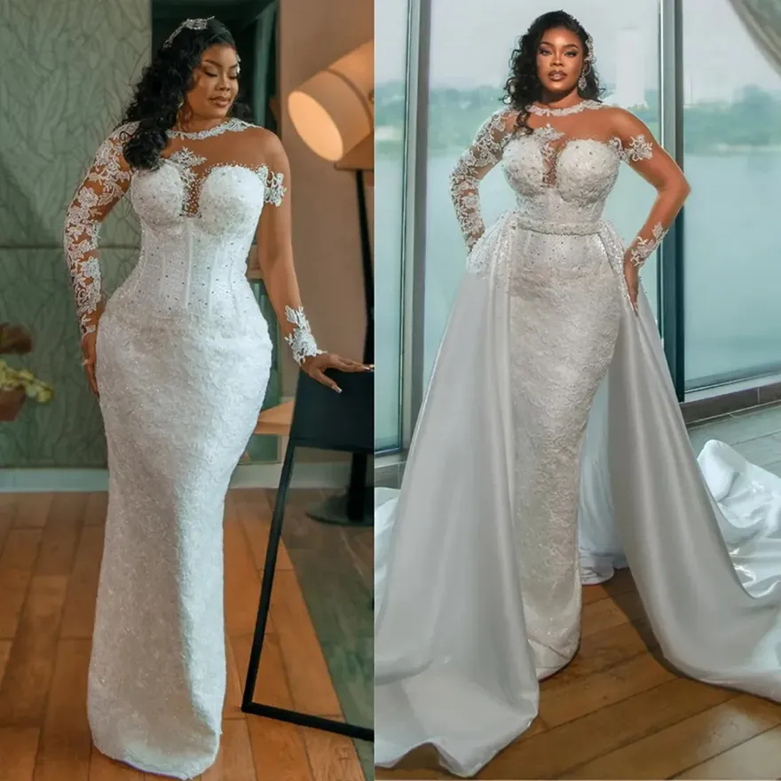 Plus Size Mermaid Overskirt Wedding Dress With Detachable Train Beaded Lace And Illusion Long Sleeves Perfect For African Black Women Brides In 2024 From Meetyy 108.18 DHgate.Com