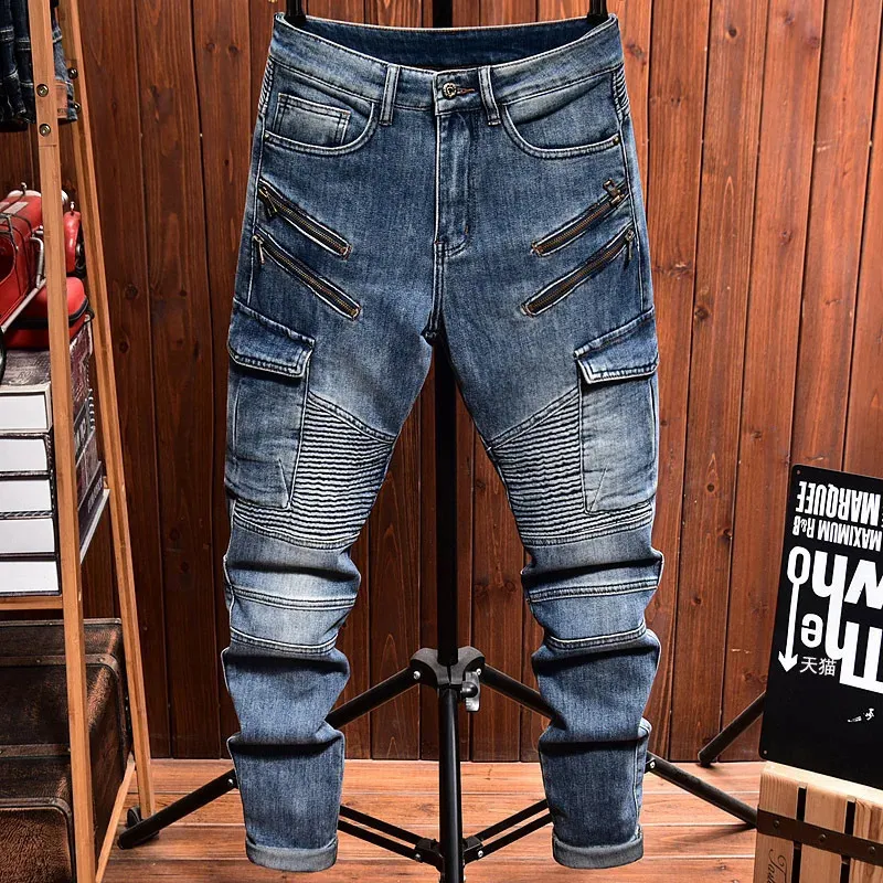 Biker Jeans For Men Slim Fit: Zipper Decorated Straight Leg Mens