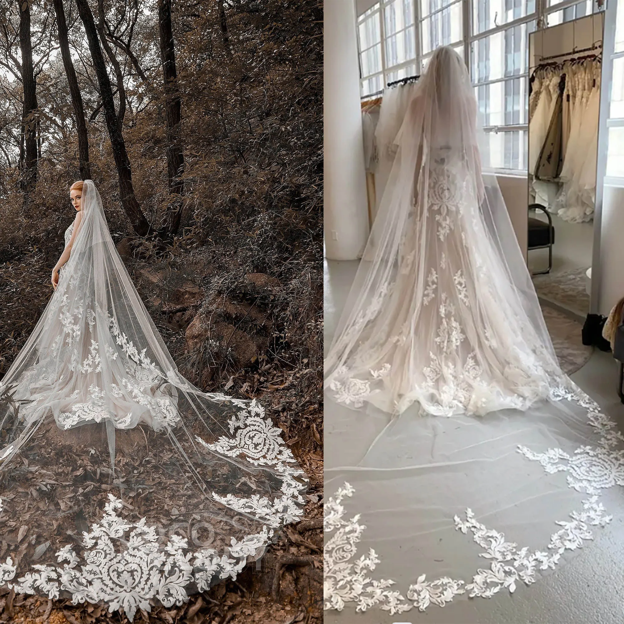 Floral Appliqué Beaded Scalloped Cathedral Bridal Veil - Ivory Perfect Bridal Ivory Single Tier Beaded Floral Lace  main image 3