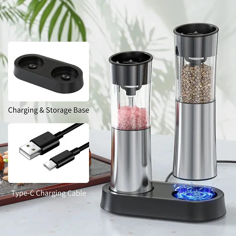 Moocoo Electric Salt And Pepper Grinder Set - Rechargeable Stainless Steel Mills With LED Light & Adjustable Coarseness