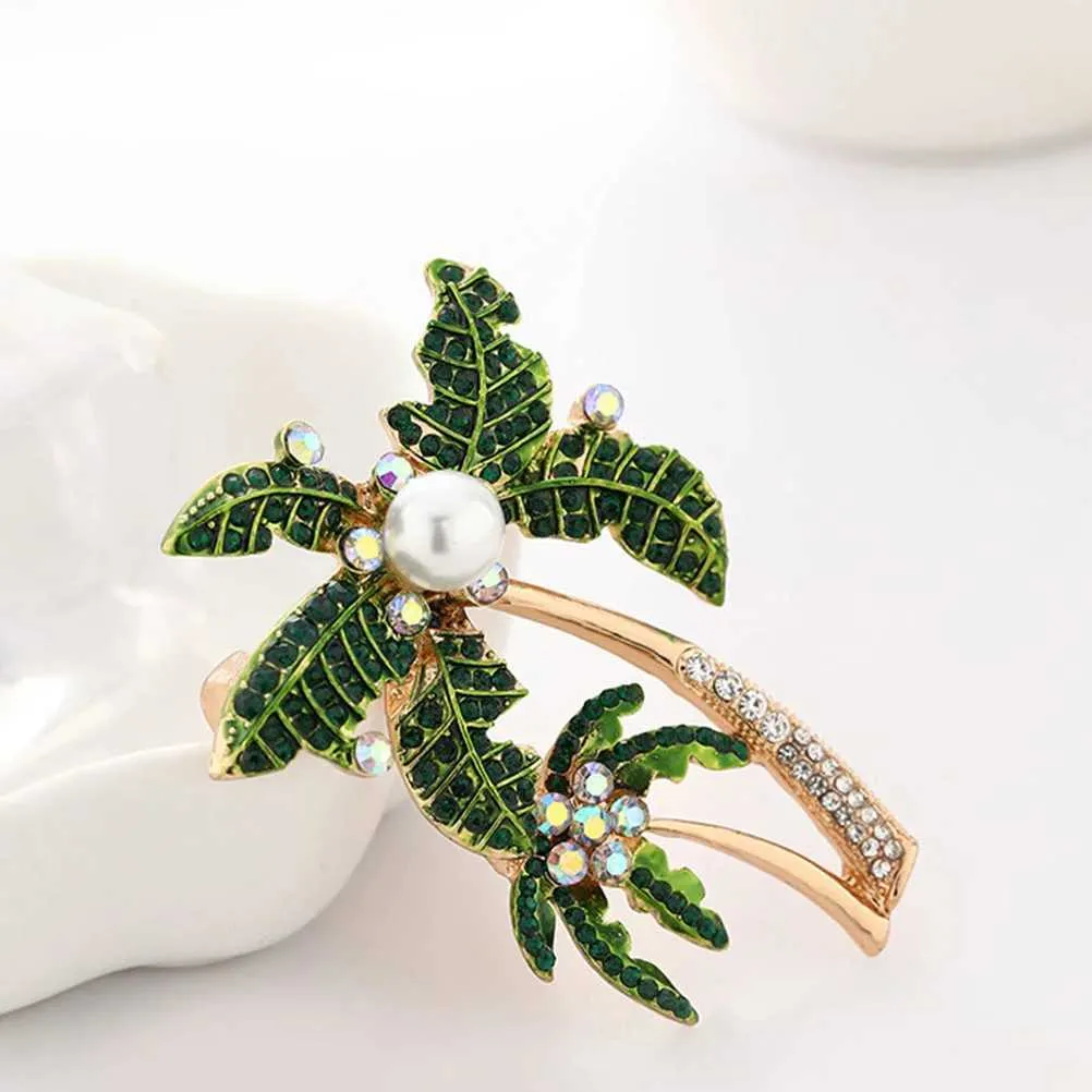 Broche Vintage 2 Cocotiers – Métal Doré Et Strass Rouge – Sans Marque, Occasion