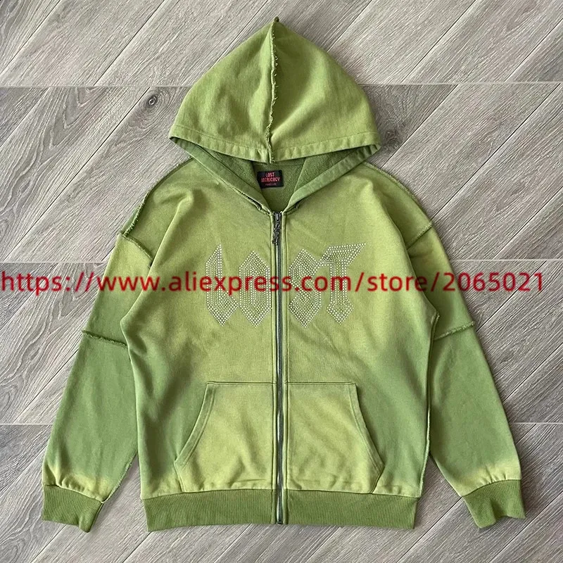Intricate Green Rhinestone Oversized Zip-Up Hoodie for Men