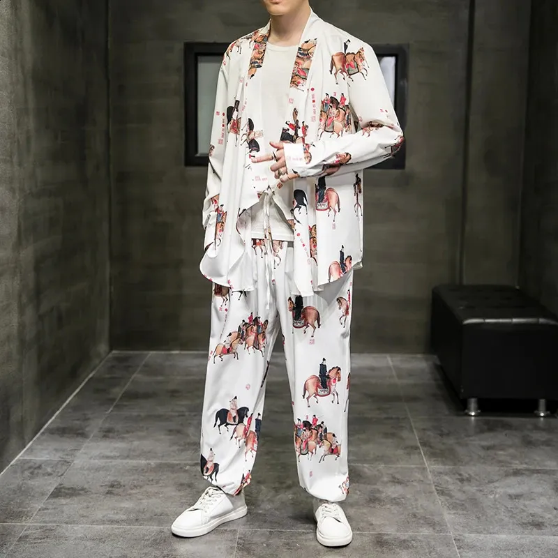 Mens Kimono Robe Set Long Sleeve Shirt And Ankle White Flowy Pants 