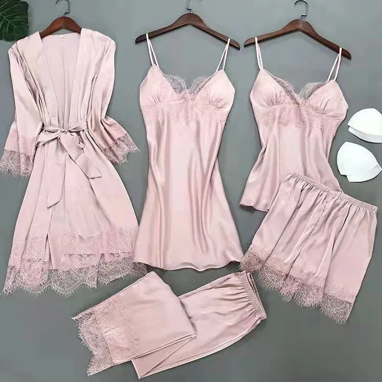 Nuovo set di pigiama in satin con pizzo floreale a contrasto per donne, indumenti da notte sexy, pigiama da notte per donne - Cina Pajama e Pajamas prezzo