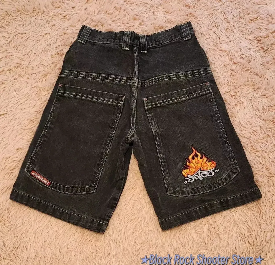Harajuku Vintage Baggy JNCO Flame Selvedge Jeans Black Loose