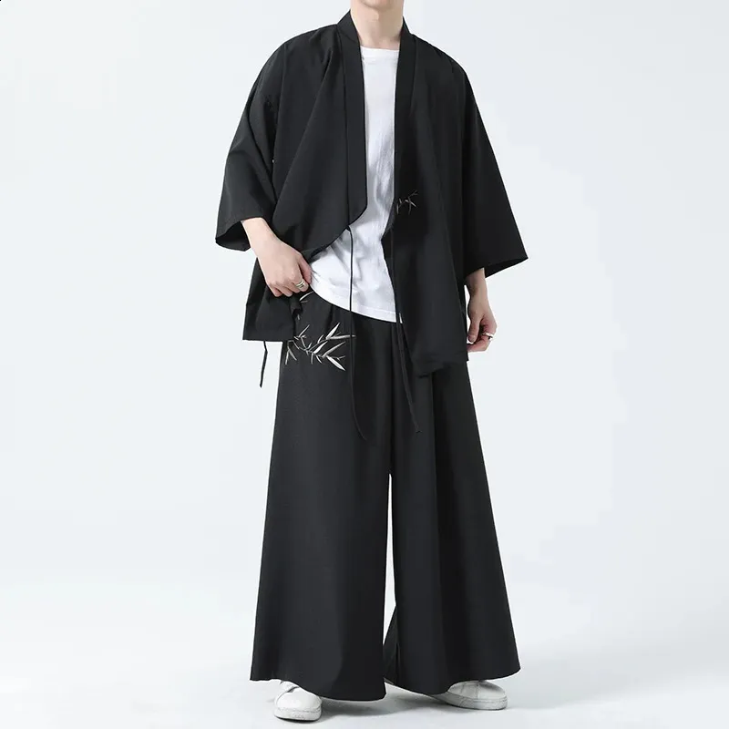 Stylish Japanese Style Men's Suit Set - Loose Fit 3/4 Sleeved Cardigan and Wide Leg Pants in Plain Color, Plus Size M-5XL (240815) Stylish Japanese Style Men's Suit Set - Loose Fit 3/4 Sleeved Cardigan and Wide Leg Pants in Plain Color, Plus Size M-5XL (240815)