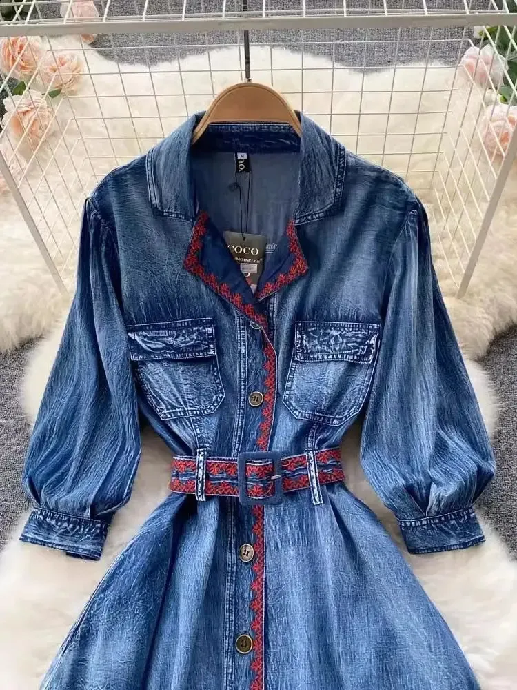 Autumn Fashion Blue Denim 100% Cotton Cowboy Dress for Women, Notched Three  Quarter Sleeve Embroidery Jeans, Elegant Long Vestidos 240815 from Dhgate  Basic & Casual Dresses - price 103.75