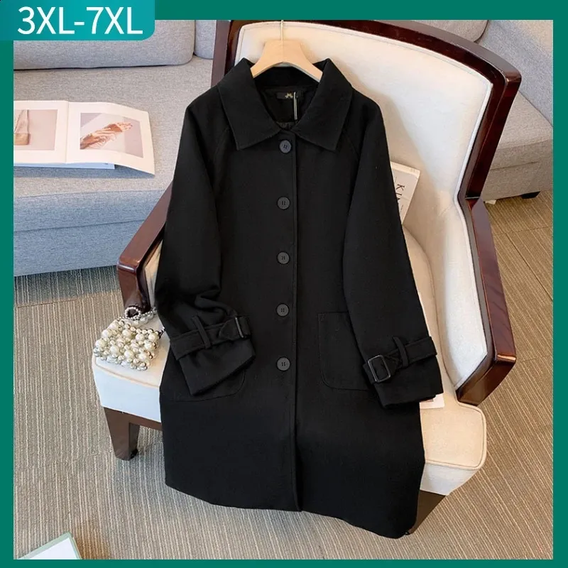 Plus Size Overcoat for Women Long Sleeve Black Woolen Coat in 3XL 7XL 240815