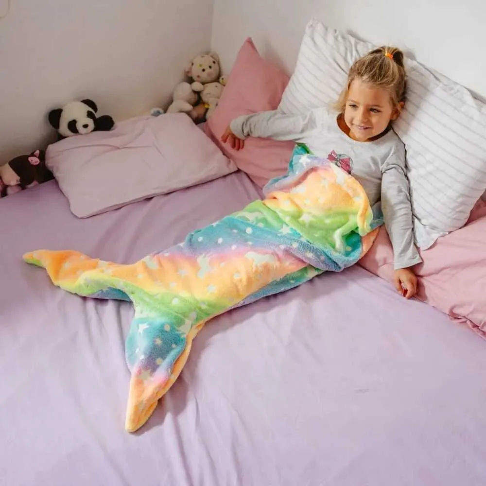 Rainbow Mermaid Tail Blanket Cozy Flannel Sleeping Bag for Kids
