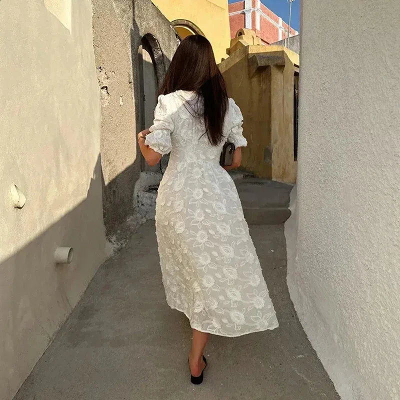 knee length dresses for ladies Mexican Embroidered Peasant Chiffon Midi Dress in White – Celebrity Designz main image 1