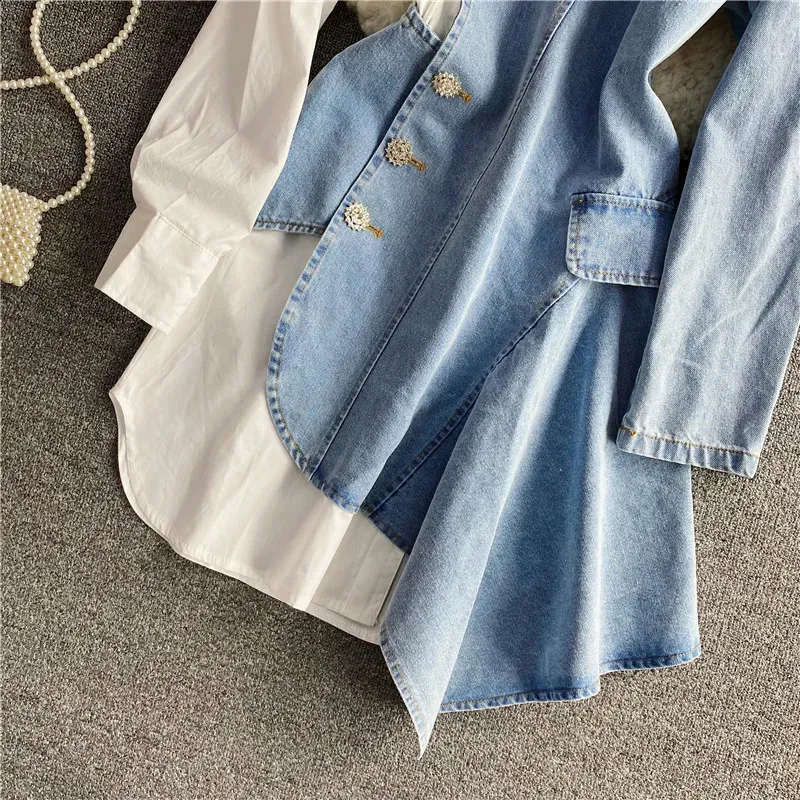 Autumn 2022 Irregular Denim Spliced Dress with Collar - Long Sleeved Single Chest Shirt (M 240814)