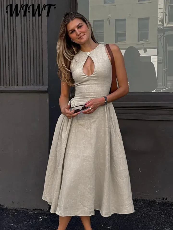 Chiffon Hollow Out Pleated Maxi Dress for Women Sleeveless Floor-Length  O-neck Solid Button Summer Dress from Dhgate Basic & Casual Dresses - price  79.25