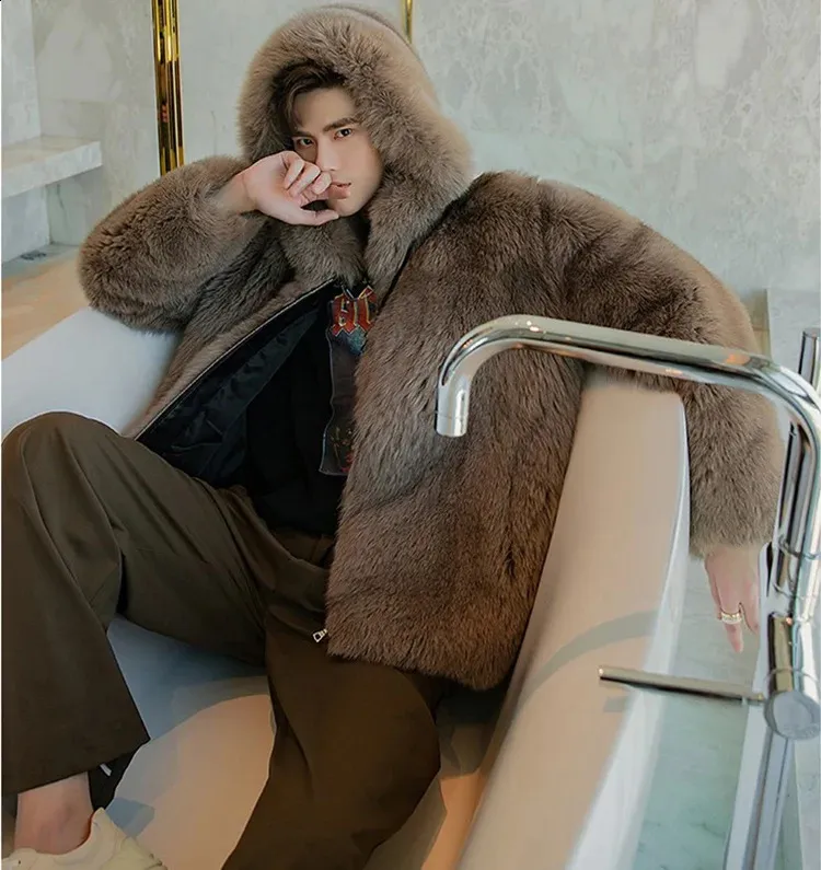 Mens Fox Fur Short Fluffy Jacket Mens Warm Wool And Leather