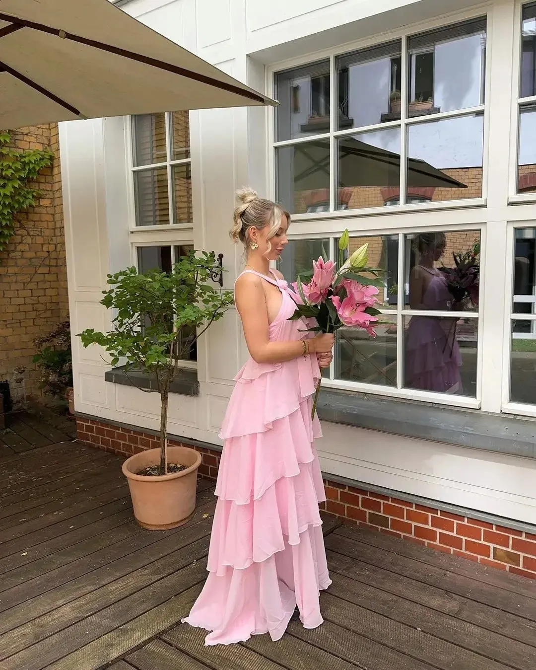 240814 Womens Pink Chiffon Maxi Dress Layered From Leonorastore