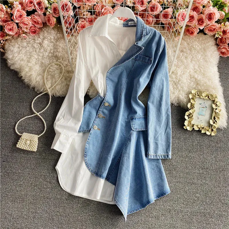 Autumn 2022 Irregular Denim Spliced Dress with Collar - Long Sleeved Single Chest Shirt (M 240814)