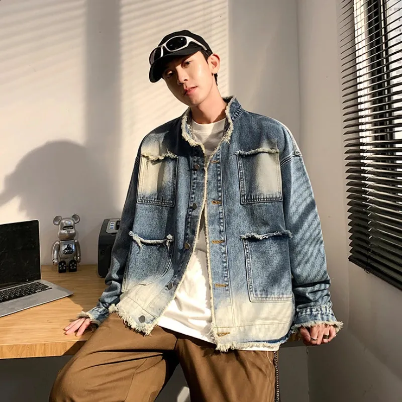 Men's Denim Jacket - Spliced Washed Y2K Style, Vintage Streetwear, Unisex S-3XL, Gradient Design Men's Denim Jacket - Spliced Washed Y2K Style, Vintage Streetwear, Unisex S-3XL, Gradient Design