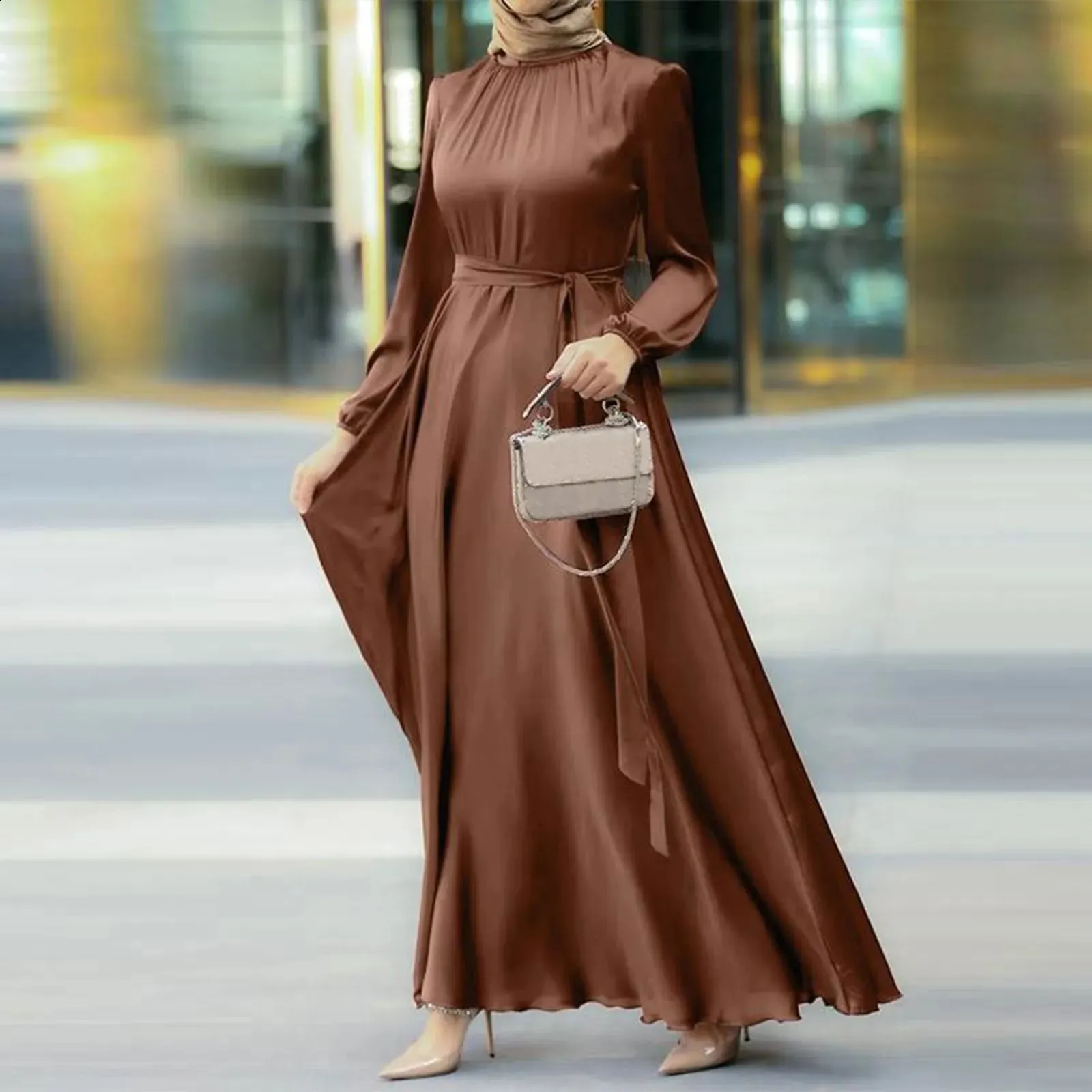Satin Maxi Dress Belted Abaya Robe Turkey Muslim Fashion Elegant  Party Sundress
