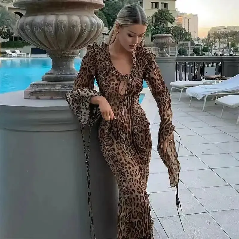 Fashion Print Ruffle Split Dress Women Spring Summer Deep V-Neck Female Vestidos Elegant Long Sleeve Lace Up Lady Robe Leopard / M