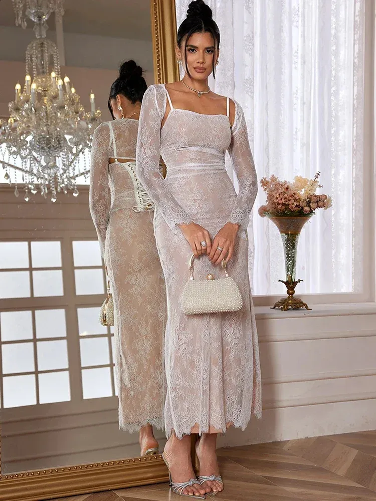 knee length dresses for ladies Black Sheer Lace Bustier Strappy Bodycon Maxi Dress
