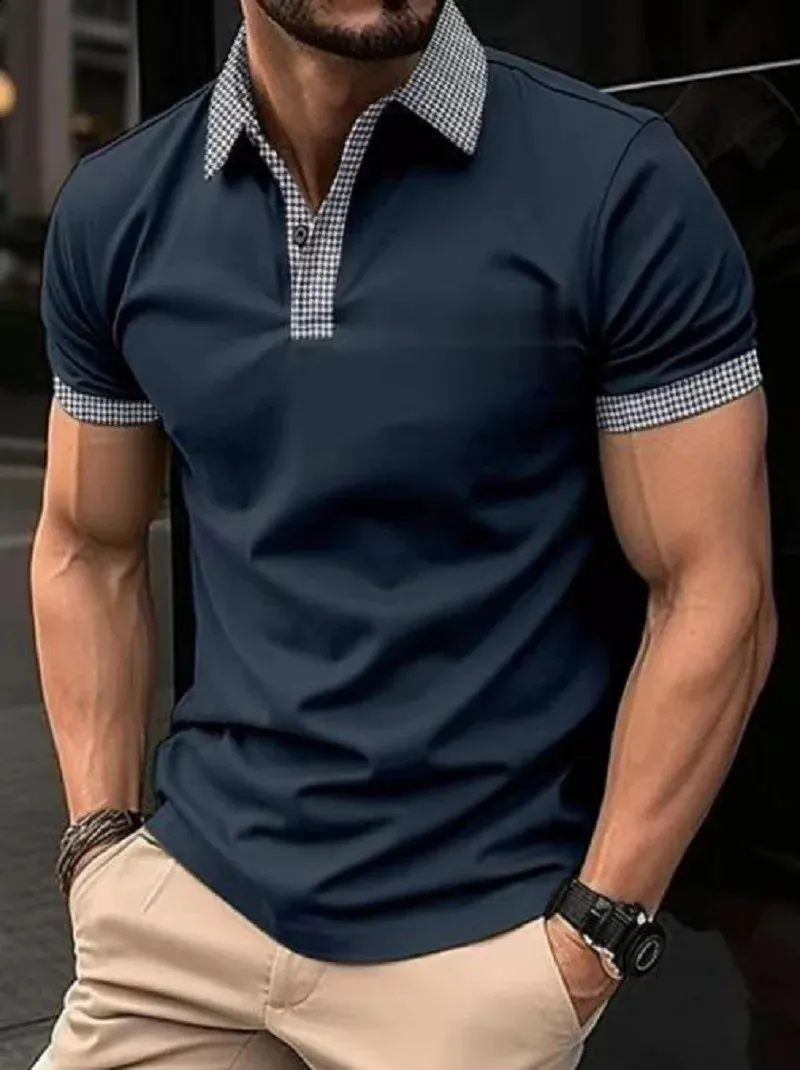 Mens Business Casual Polo Shirt Short Sleeve Plaid Collar Button