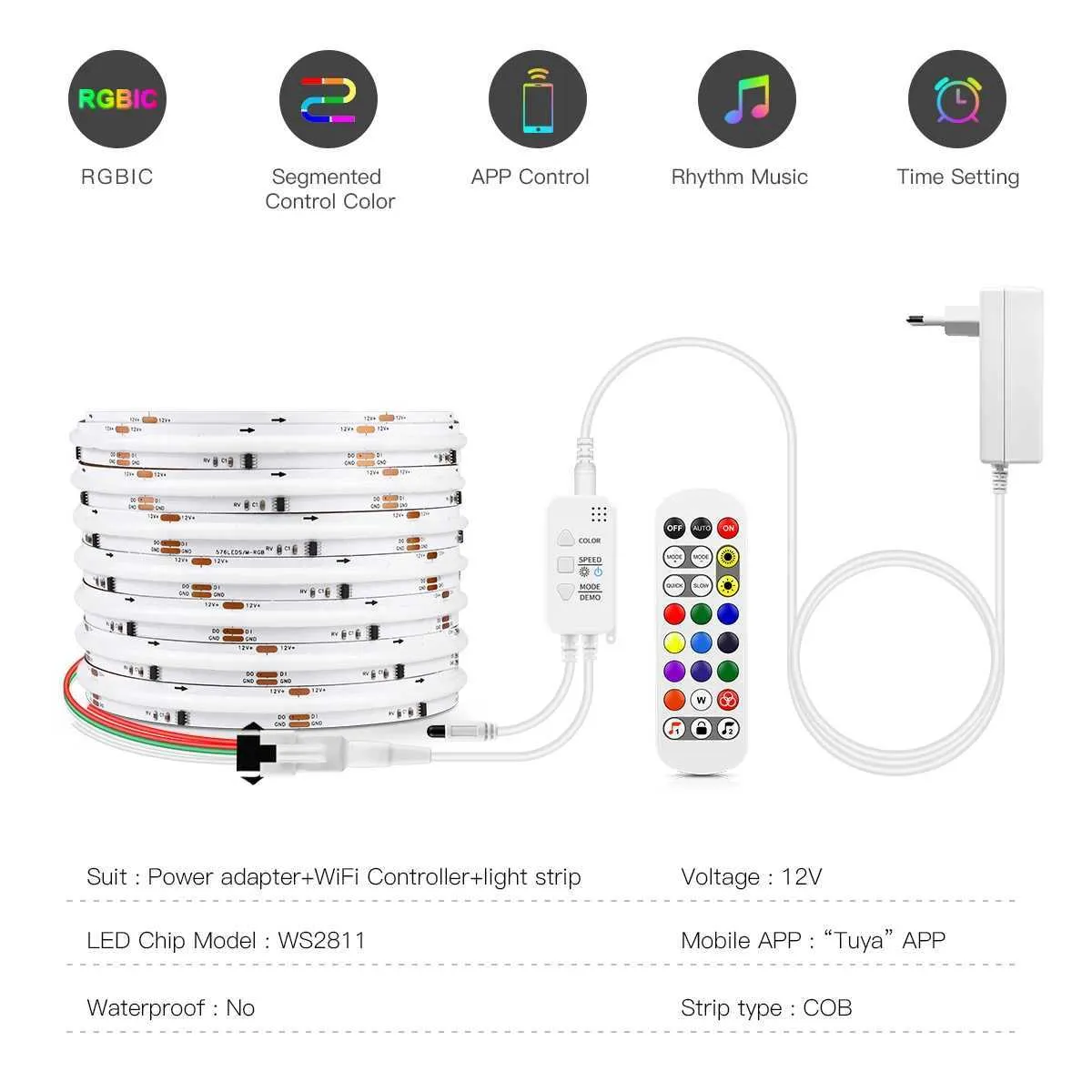 12V WS2811 COB LED Strip – RGB IC Addressable Dream Color Tape Lights (5M/16.4ft)