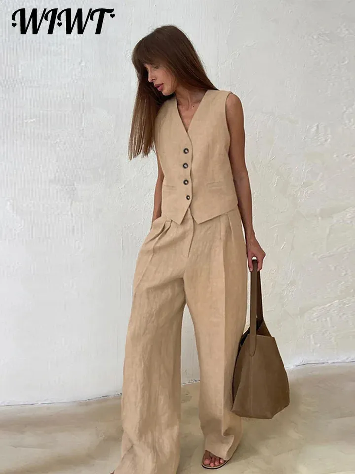 Elegant Cotton Linen vest and pants set Set for Women - Single 