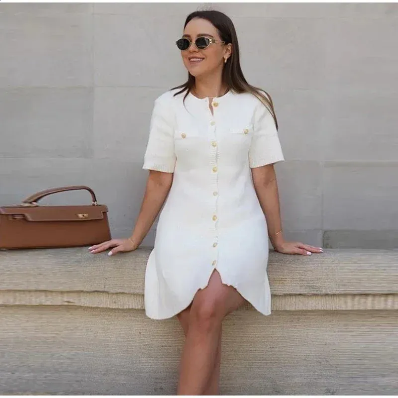Chic Knit Mini Dress: Women's Short Sleeve O-Neck Button Slim Summer Dress  - Shop Now! from Dhgate Basic & Casual Dresses - price 72.55