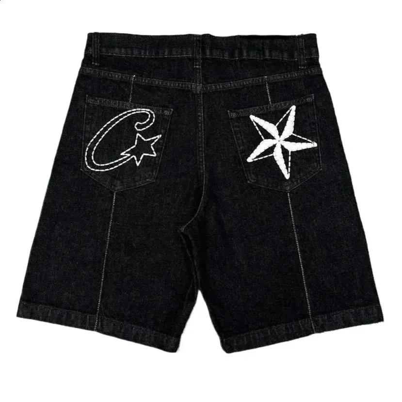 Y2K Denim Shorts: Embroidered Patterned Jeans for Mens
