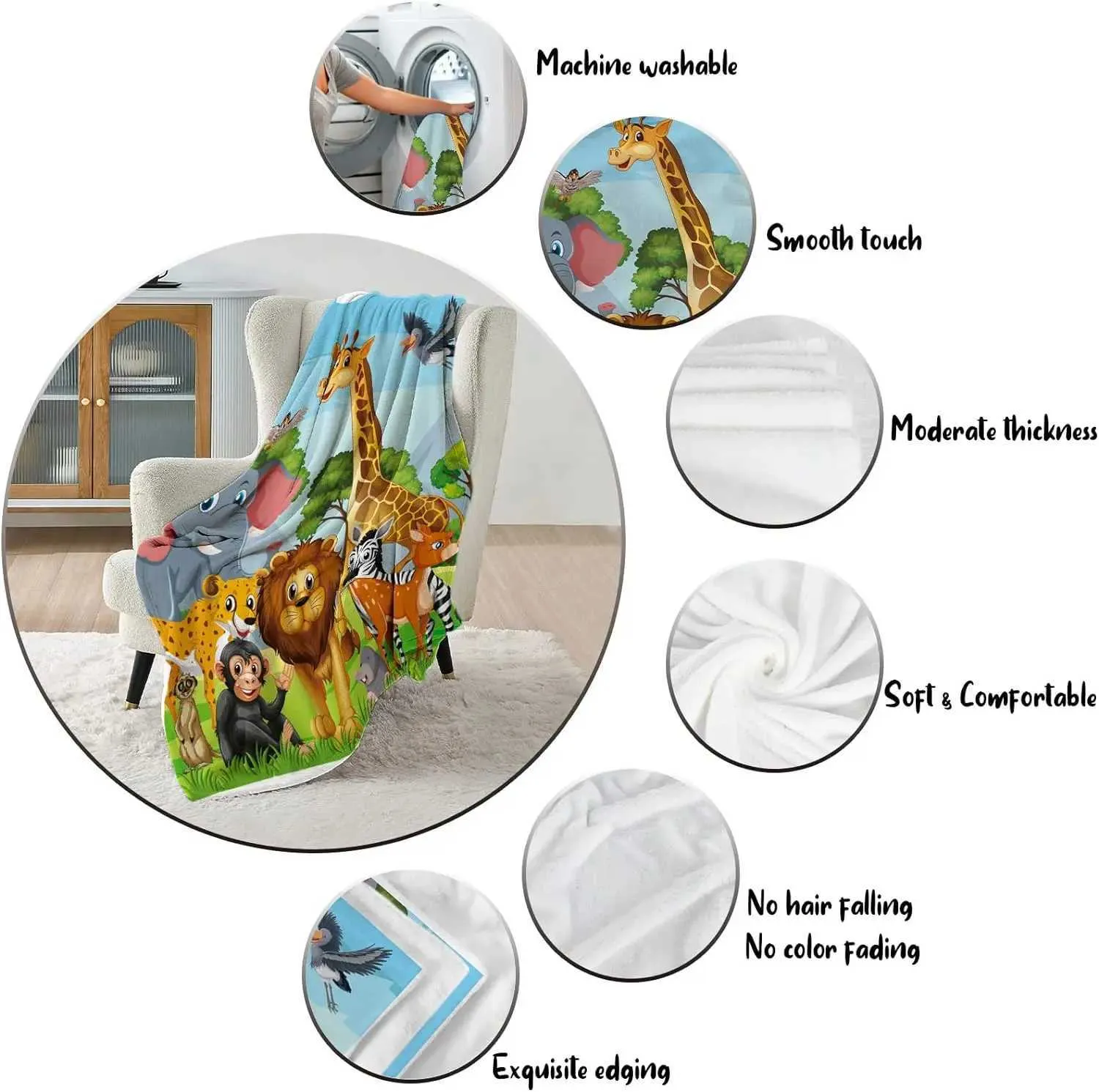 Animal Print Blanket: Children's Wool Flannel Blanket with Giraffe, Elephant, and Lion Design - Soft and Comfortable