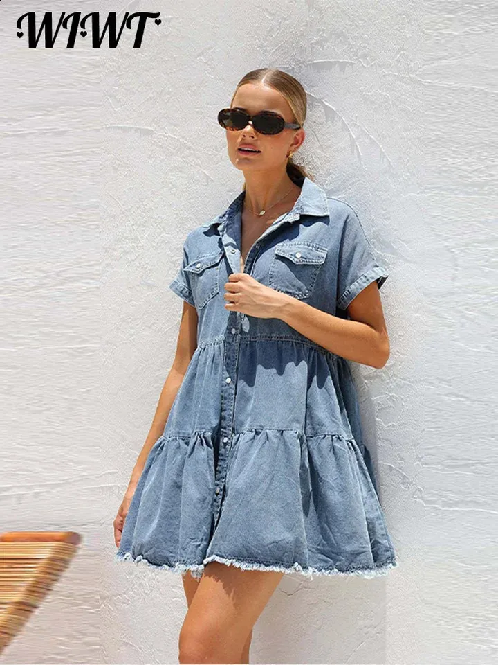 Turn-down Collar Denim Dress Women Spring Summer Slim Short Sleeve Single  Breasted Floor-Length from Dhgate Basic & Casual Dresses - price 91.04