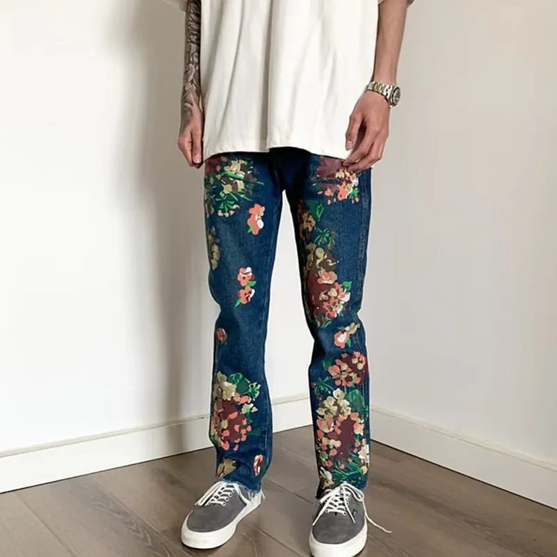 Men s 2024 Y2K Style Floral Printed Slim Hip Hop Jeans for Streetwear